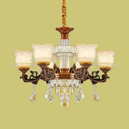 Mid Century Flower Chandelier Lighting Frosted Glass 6 Lights Living Room Pendulum Lamp In Brown