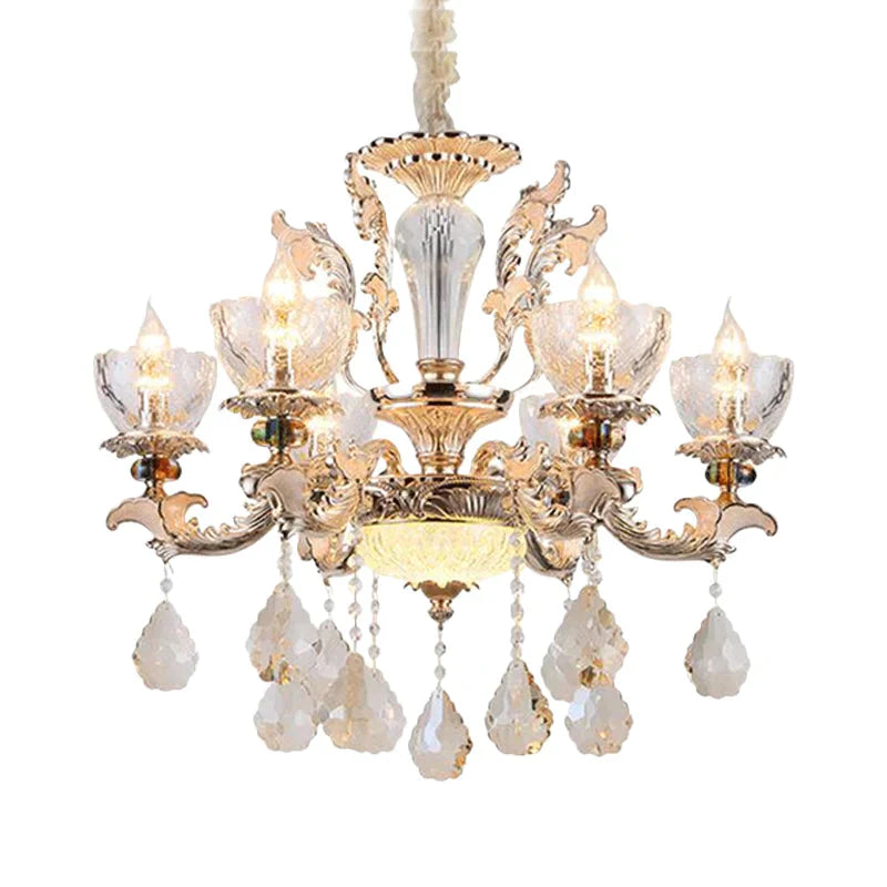 Gold Finish Bowl Shape Pendant Lamp Mid Century 6 Bulbs Clear Crystal Glass Chandelier