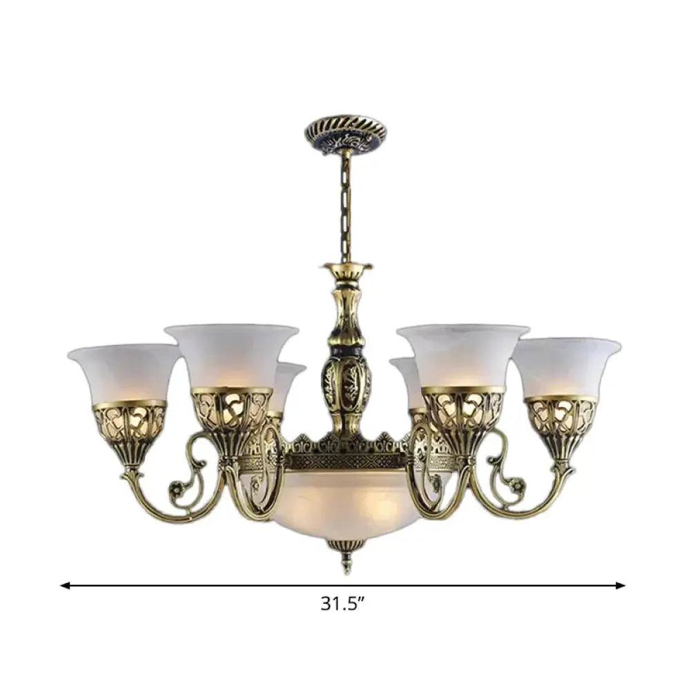 9 Bulbs Opal Frosted Glass Pendant Lamp Retro Bronze Flared Living Room Ceiling Chandelier