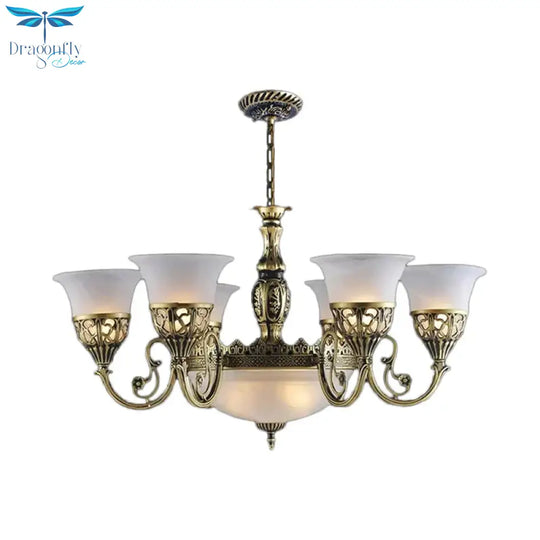 9 Bulbs Opal Frosted Glass Pendant Lamp Retro Bronze Flared Living Room Ceiling Chandelier