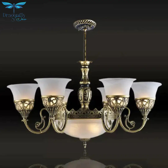 9 Bulbs Opal Frosted Glass Pendant Lamp Retro Bronze Flared Living Room Ceiling Chandelier