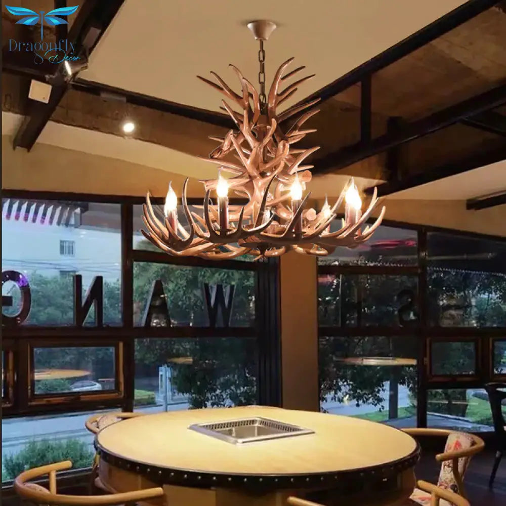9 Heads Antler Ceiling Chandelier Farmhouse Brown Resin Suspended Lighting Fixture For Restaurant