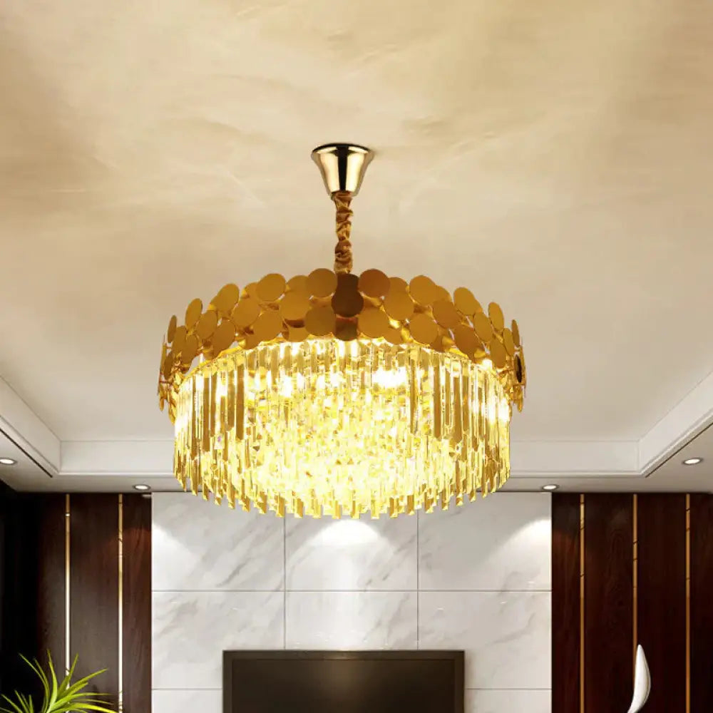 9 Heads Chandelier Lighting Country Drum Crystal Pendant Light Kit In Gold With Metal Dotted Design