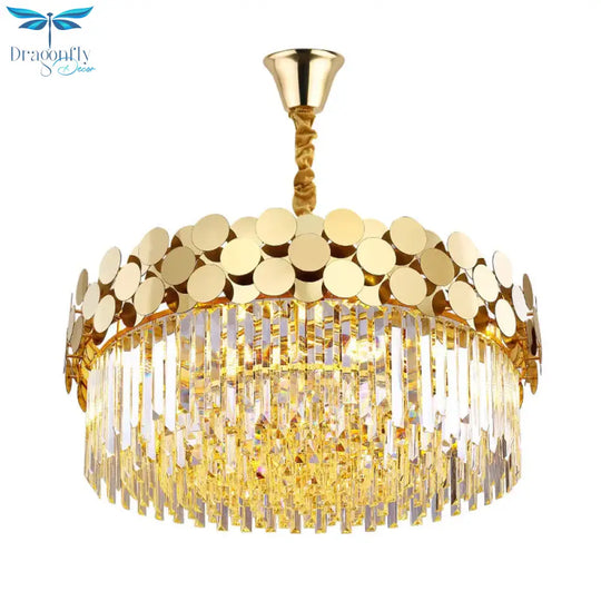 9 Heads Chandelier Lighting Country Drum Crystal Pendant Light Kit In Gold With Metal Dotted Design