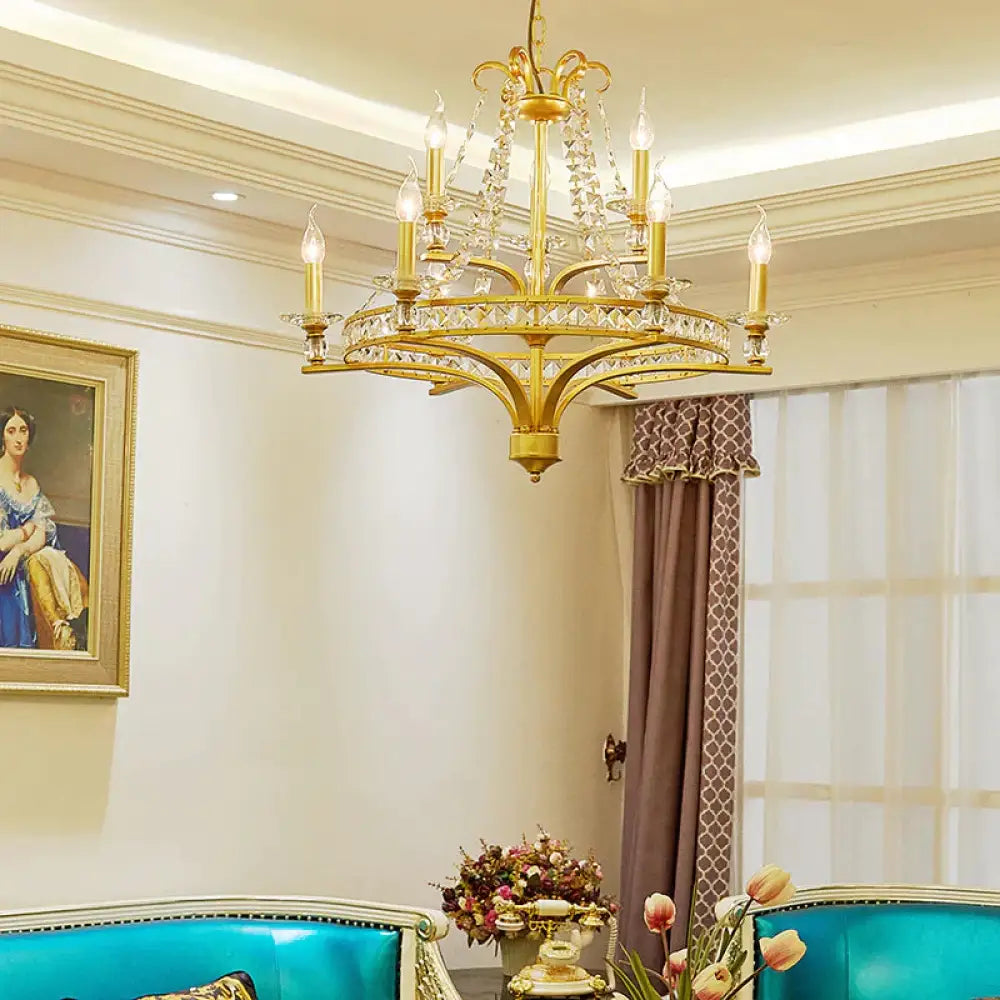 9 Lights Candle Chandelier Lighting Rustic Gold Metal Pendant Lamp For Dining Room With Crystal