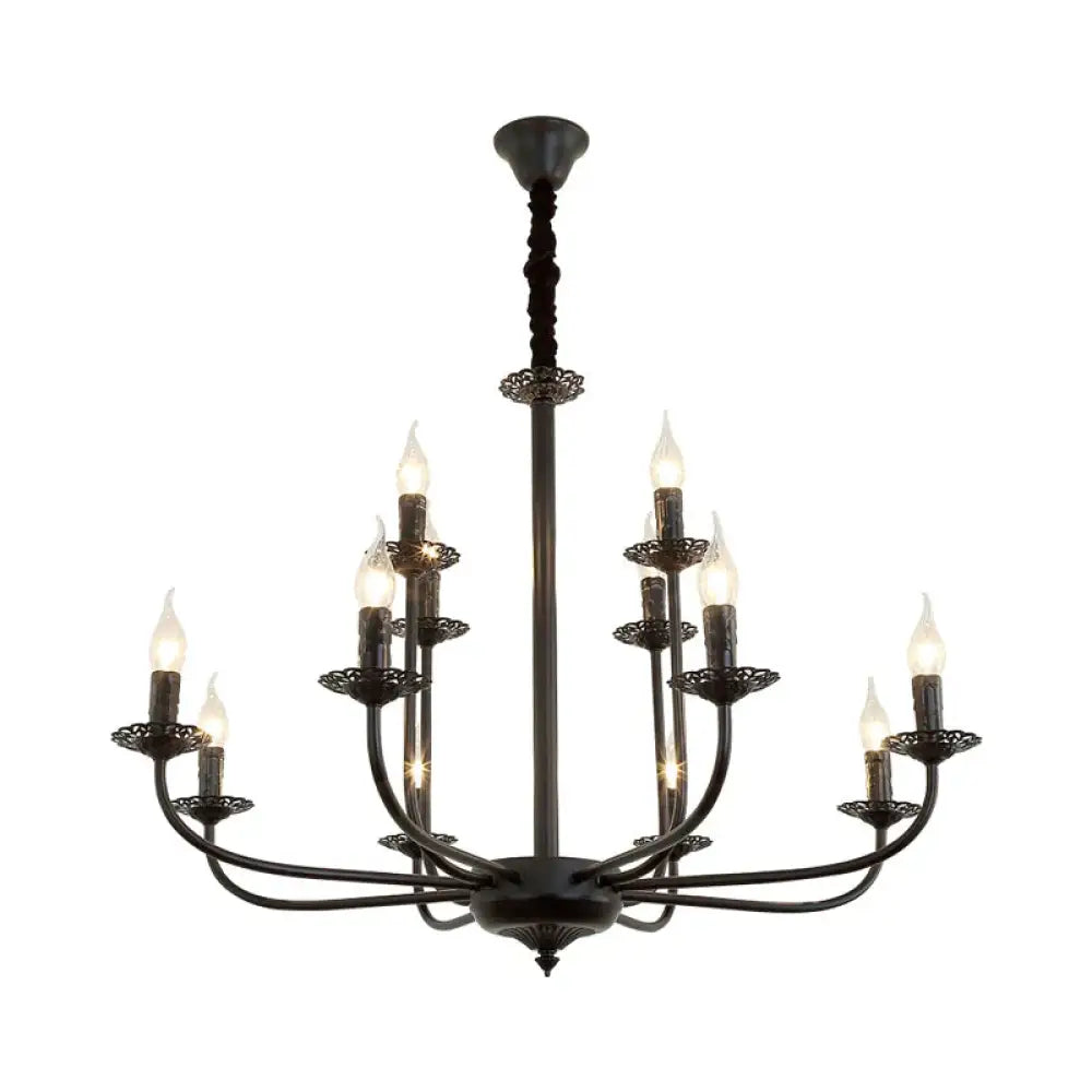 9 Lights Pendant Light Classic Candle Metal Hanging Chandelier In Black For Living Room