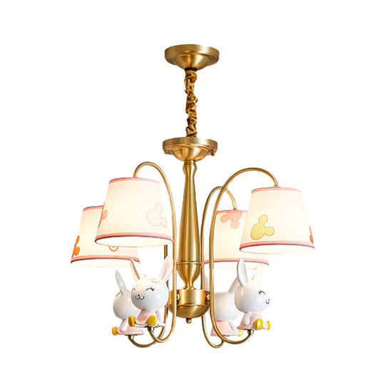 Gold Finish Barrel Shade Chandelier Cartoon 4 Bulbs Fabric Hanging Ceiling Light With Rabbit Deco
