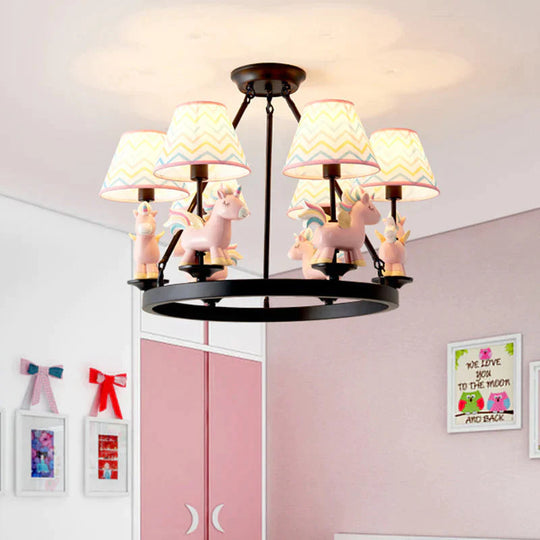 Pink Unicorn Pendulum Light With Black Ring Design Cartoon 6 Heads Fabric Ceiling Chandelier