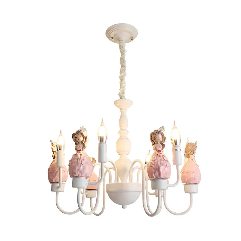 Princess Resin Hanging Light Kit Cartoon 6 Bulbs Pink And White Candle Chandelier Pendant Lamp