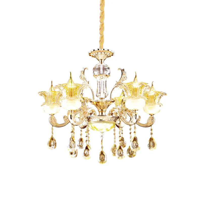 6 Lights Floral Hanging Chandelier Mid - Century Gold Crystal Ceiling Suspension Lamp