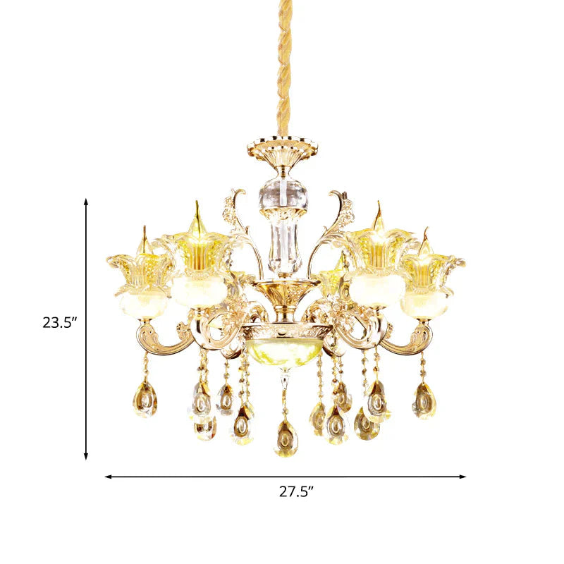 6 Lights Floral Hanging Chandelier Mid - Century Gold Crystal Ceiling Suspension Lamp