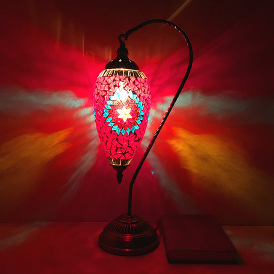 Algieba - Bohemian Droplet Nightstand Light 1 - Bulb Stained Art Glass Night Lamp With Curved Arm