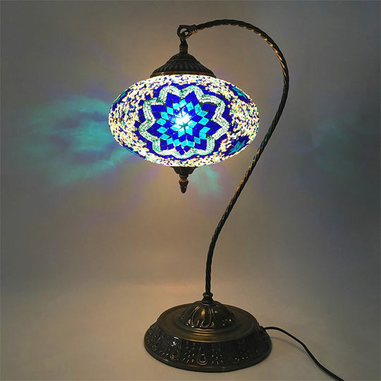 Éléonore - Stained Glass Oblong Night Light Table Lamp Single Head Curved Arm Blue