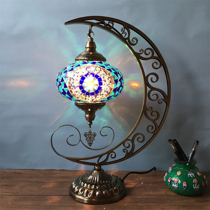 Sarir - Blue Oval Table Light Decorative Stained Glass 1 Bulb Bedroom Night Lamp With Moon Shape Arm