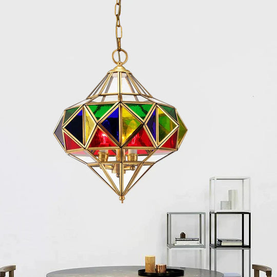 Antique Prism Pendant Chandelier 3 - Head Colorful Glass Hanging Ceiling Light In Brass