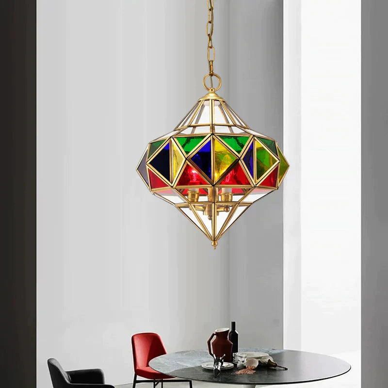 Antique Prism Pendant Chandelier 3 - Head Colorful Glass Hanging Ceiling Light In Brass