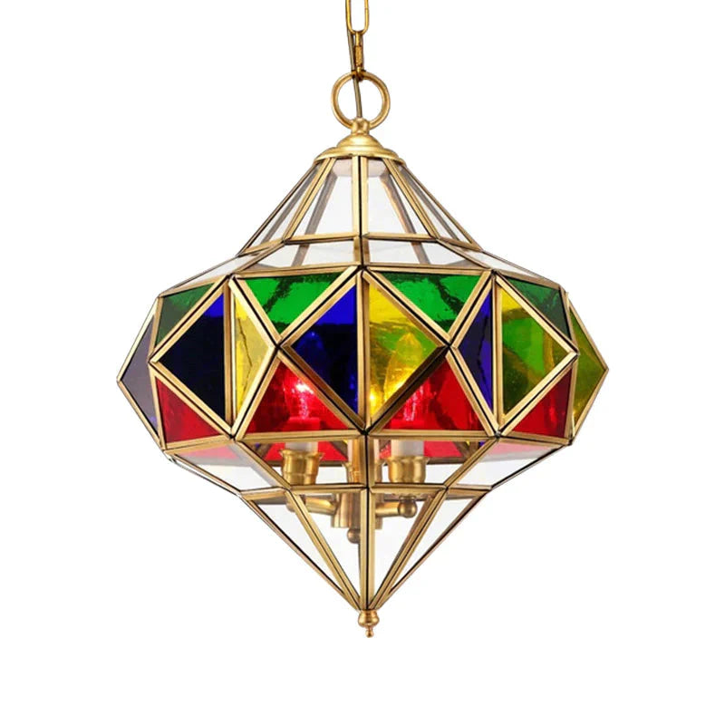 Antique Prism Pendant Chandelier 3 - Head Colorful Glass Hanging Ceiling Light In Brass