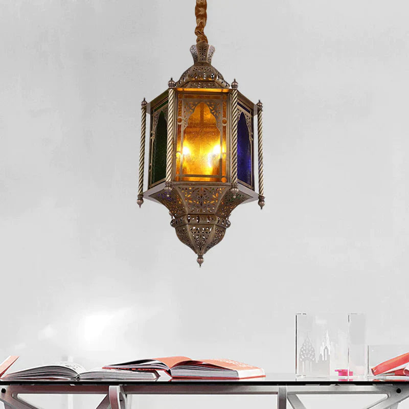Stained Glass Brass Chandelier Lamp Lantern 3 - Head Ceiling Pendant Light For Restaurant