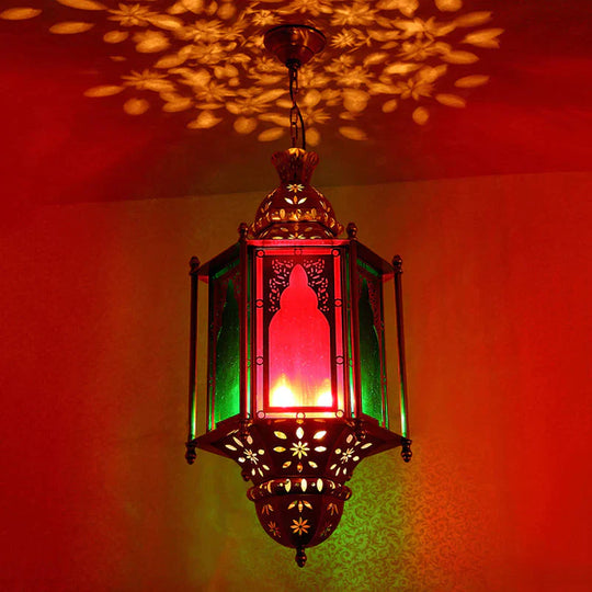 Colorful Glass Lantern Ceiling Light Arabian 3 Bulbs Restaurant Pendant Chandelier In Brass