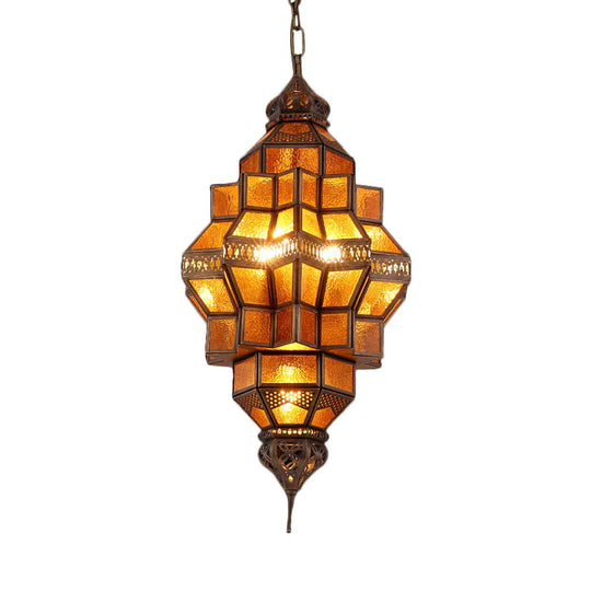 Antique Geometric Pendant Lamp 12 Bulbs Amber Textured Glass Ceiling Chandelier In Brass