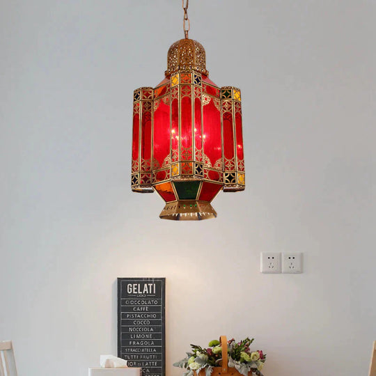 Traditional Lantern Hanging Lamp 4 Lights Red Glass Chandelier Lighting Fixture In Brass For