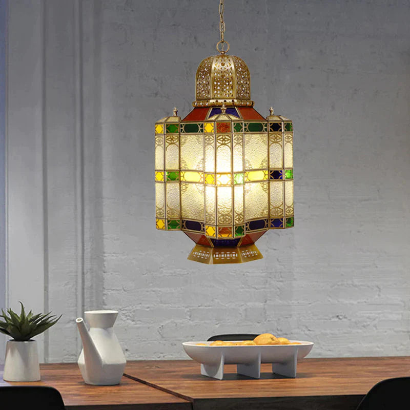 Textured Glass Brass Ceiling Pendant Lantern 6 - Head Chandelier Light Fixture For Restaurant