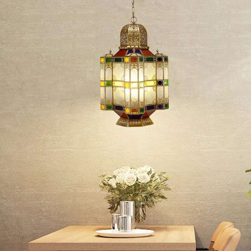 Textured Glass Brass Ceiling Pendant Lantern 6 - Head Chandelier Light Fixture For Restaurant