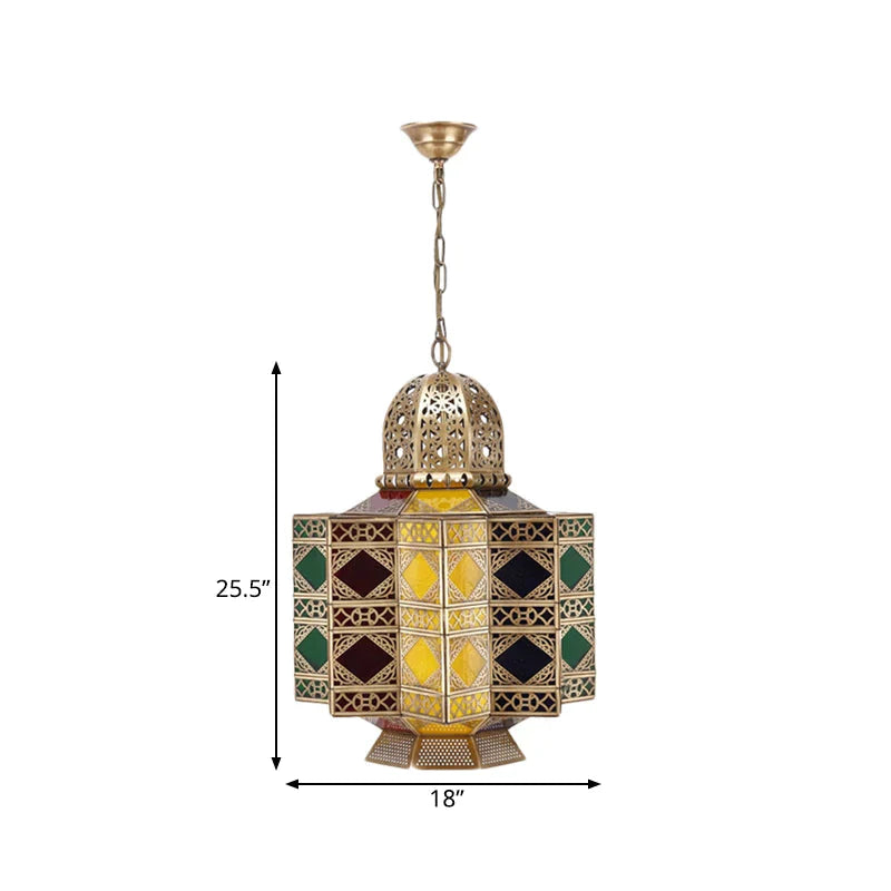 Decorative Lantern Pendant Light 6 - Bulb Stained Glass Hanging Chandelier In Brass For Living Room