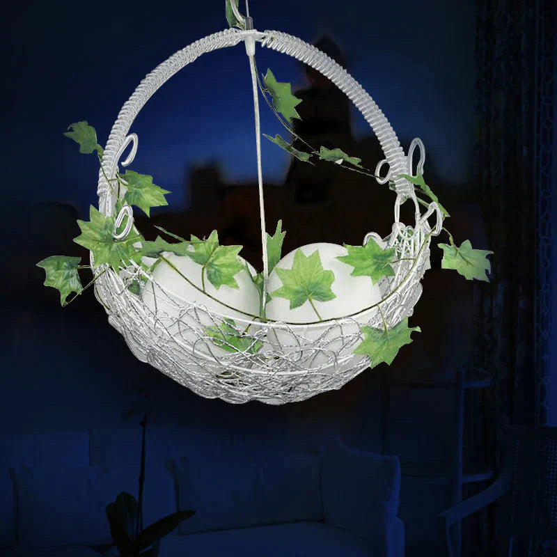 2 Bulbs Basket Chandelier Light Pastoral White Metal Pendant With Orb Opal Glass Shade And Leaf