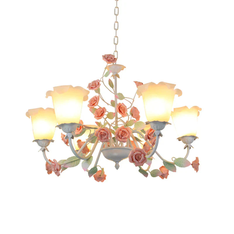 6 - Bulb White Glass Chandelier Lamp Pastoral Pink Rose Living Room Hanging Pendant Light