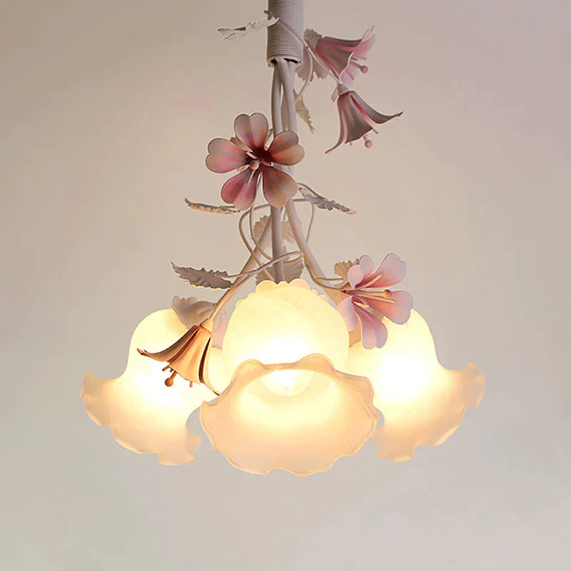 Pink 3 Lights Down Lighting Pastoral White Glass Flower Chandelier Light Fixture For Living Room