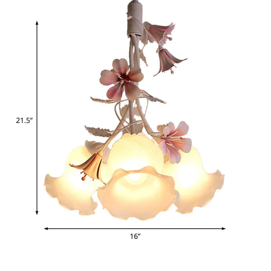 Pink 3 Lights Down Lighting Pastoral White Glass Flower Chandelier Light Fixture For Living Room