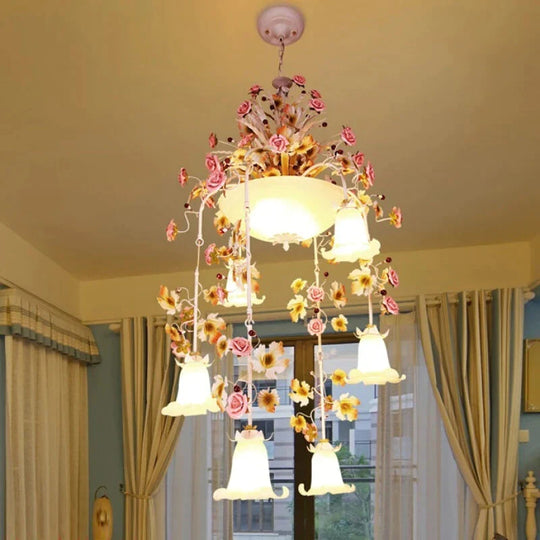 Rose White Glass Ceiling Lamp Romantic Pastoral 10 Bulbs Foyer Chandelier Lighting Fixture
