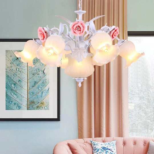 Pink 8 Bulbs Hanging Chandelier Romantic Pastoral White Glass Rose Suspension Pendant