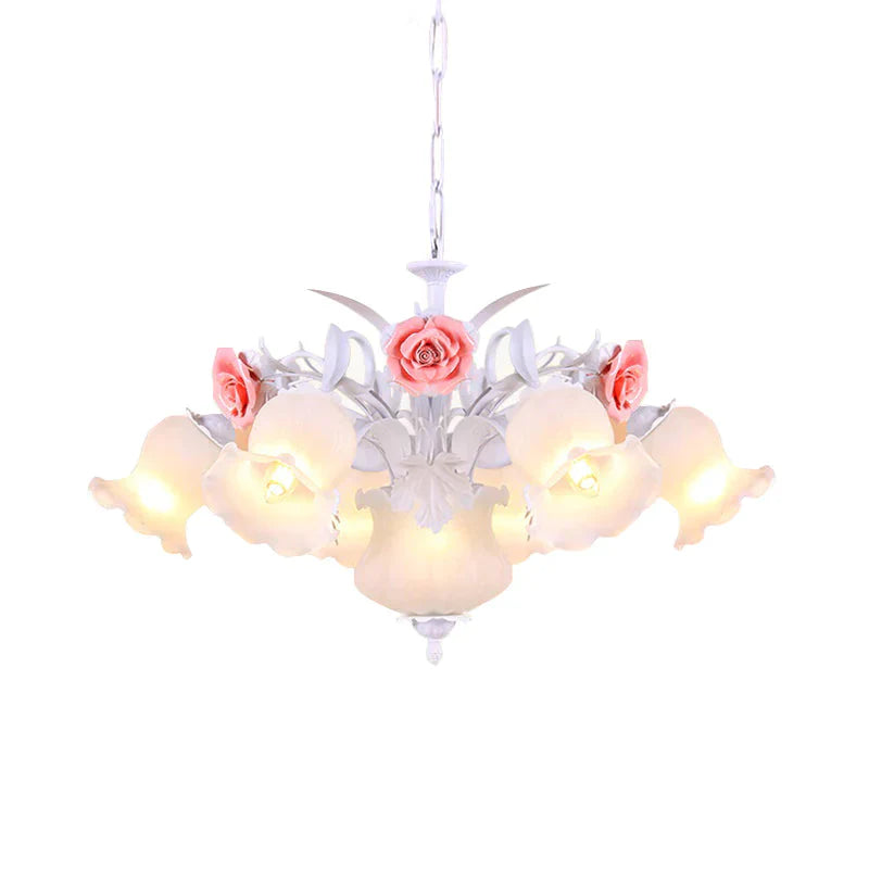 Pink 8 Bulbs Hanging Chandelier Romantic Pastoral White Glass Rose Suspension Pendant