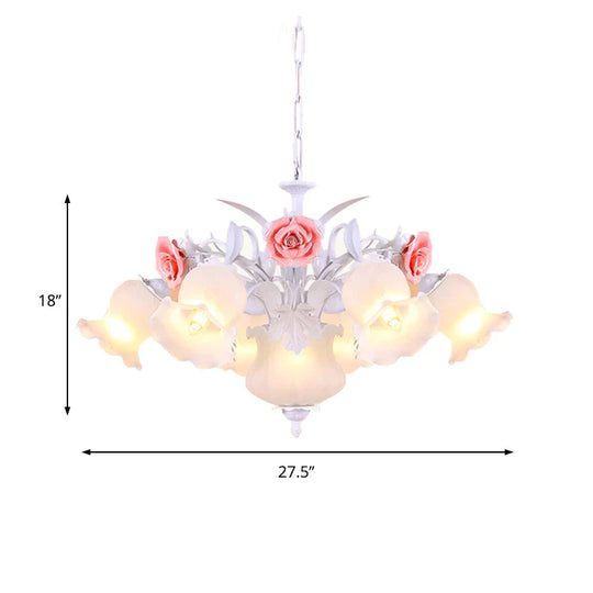 Pink 8 Bulbs Hanging Chandelier Romantic Pastoral White Glass Rose Suspension Pendant