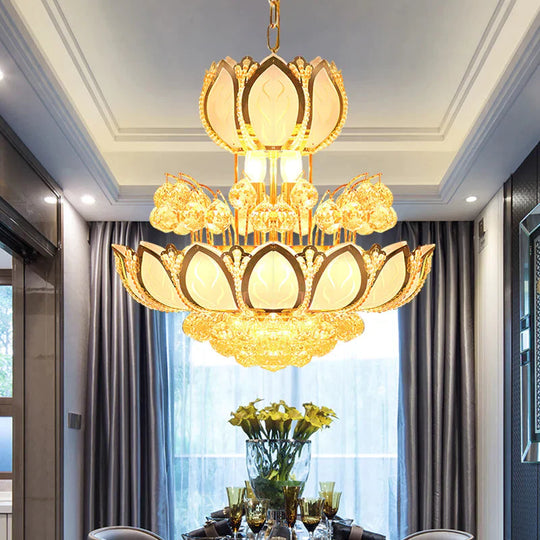 Lotus Blossom Restaurant Chandelier Modern Crystal 8 Heads Gold Finish Hanging Pendant Light