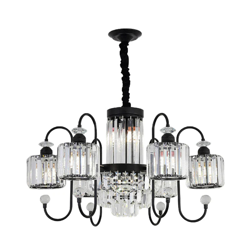 Black 6 Lights Suspension Lighting Modern Crystal Cylindrical Chandelier With Oval Arm