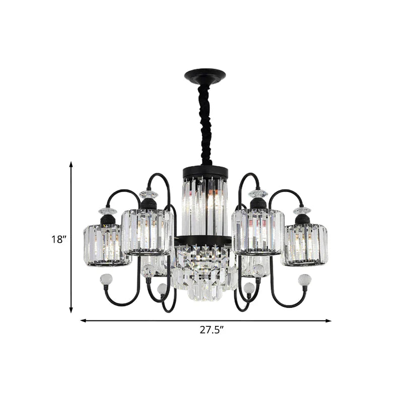 Black 6 Lights Suspension Lighting Modern Crystal Cylindrical Chandelier With Oval Arm