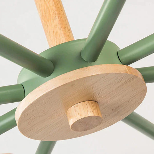 Metal Wooden Horn Shape Hanging Ceiling Lamp 8 Bulbs Chandelier In Green For Living Room