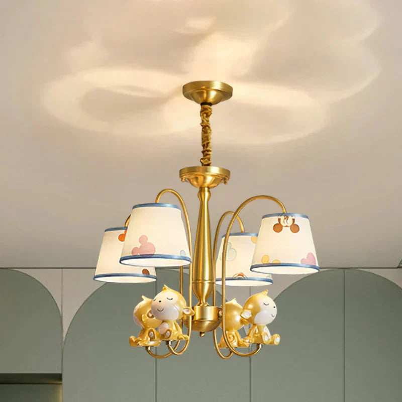 Monkey Bedroom Pendant Chandelier Metal 4 Bulbs Cartoon Suspension Light With Blue Fabric Shade In