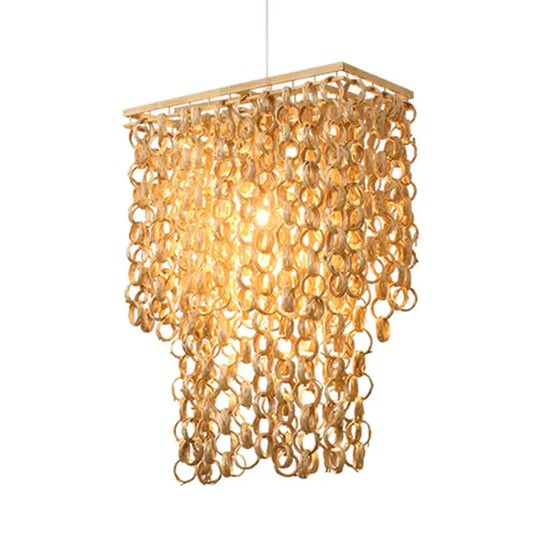 Square/Round Hanging Light With Waterfall Design Asia Bamboo Rattan 2 - Bulb Beige Chandelier
