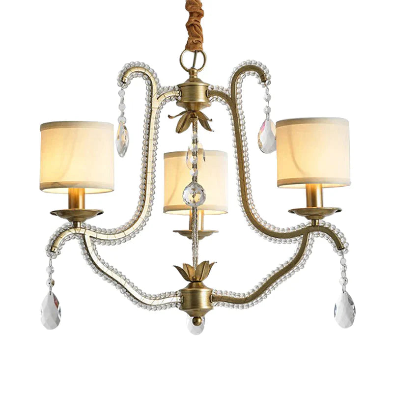 3 Lights Hanging Chandelier Post Modern Frame Crystal Bead Pendant Ceiling Lamp With Fabric Shade