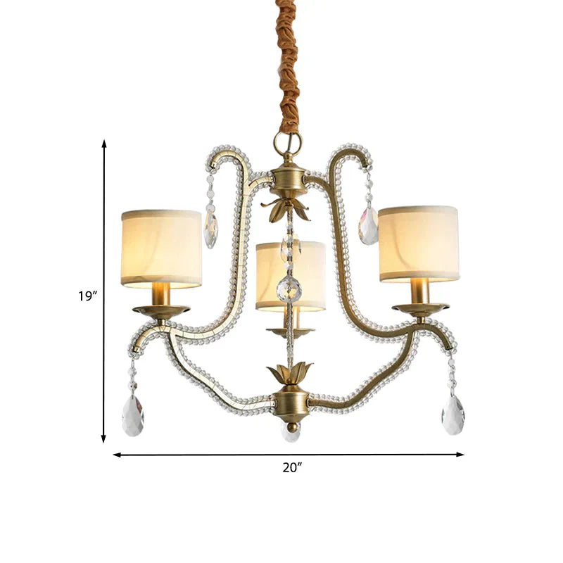 3 Lights Hanging Chandelier Post Modern Frame Crystal Bead Pendant Ceiling Lamp With Fabric Shade