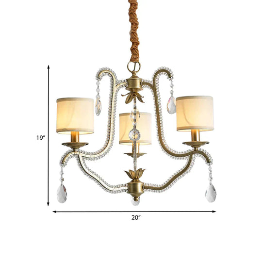 3 Lights Hanging Chandelier Post Modern Frame Crystal Bead Pendant Ceiling Lamp With Fabric Shade