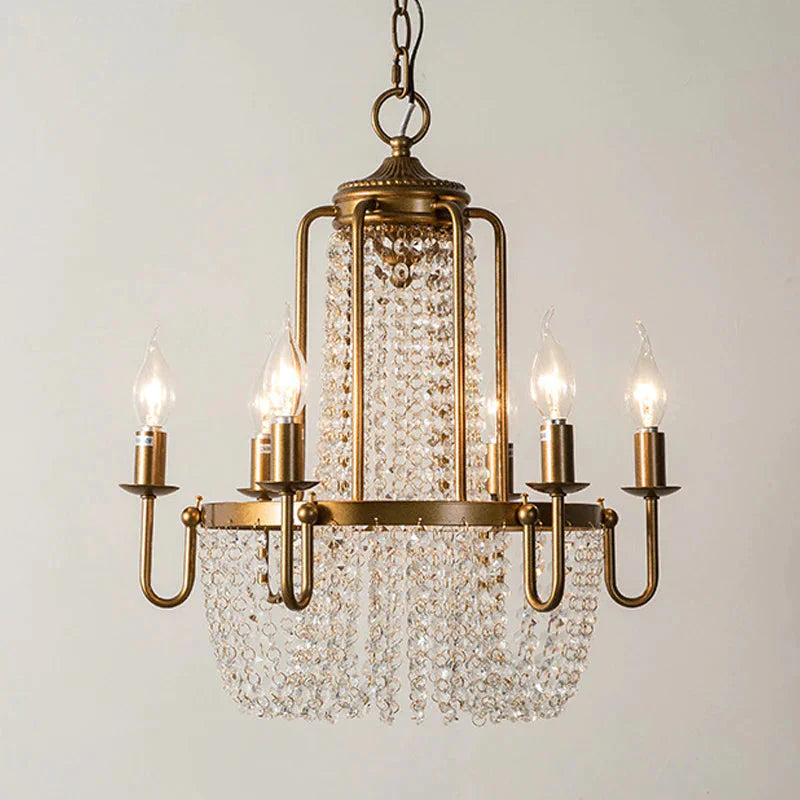 Crystal Strand Gold Chandelier Lighting Basket 6 - Light Farmhouse Candle Hanging Pendant
