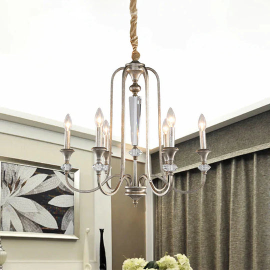 Aged Silver Candlestick Suspension Light Antiqued Metallic 6 - Bulb Restaurant Chandelier