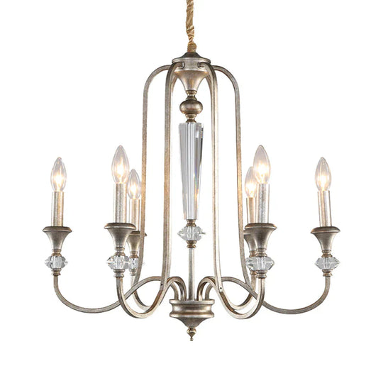 Aged Silver Candlestick Suspension Light Antiqued Metallic 6 - Bulb Restaurant Chandelier