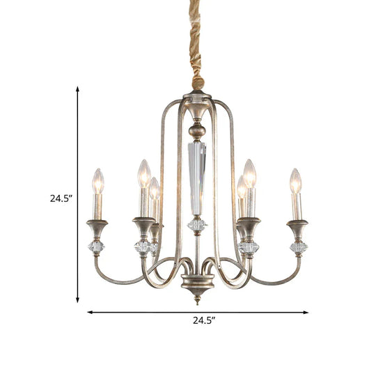 Aged Silver Candlestick Suspension Light Antiqued Metallic 6 - Bulb Restaurant Chandelier