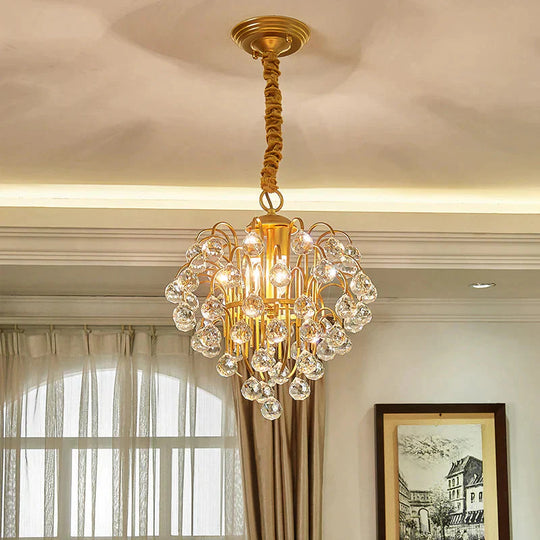 3 Bulbs Crystal Orb Pendulum Light Countryside Gold Grape Shape Living Room Ceiling Chandelier